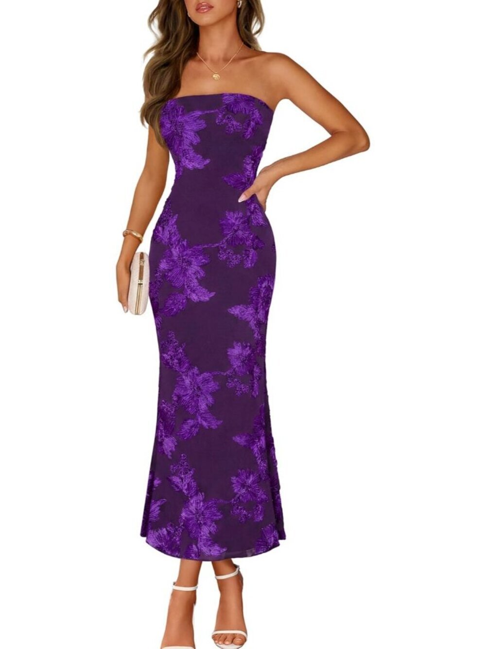 Women's Floral Strapless Maxi Dress Plum Summer Mesh Bodycon Formal Dress